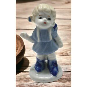 Little Porcelain Dutch Girl Figurine Vintage Child Blue White Waving Hello